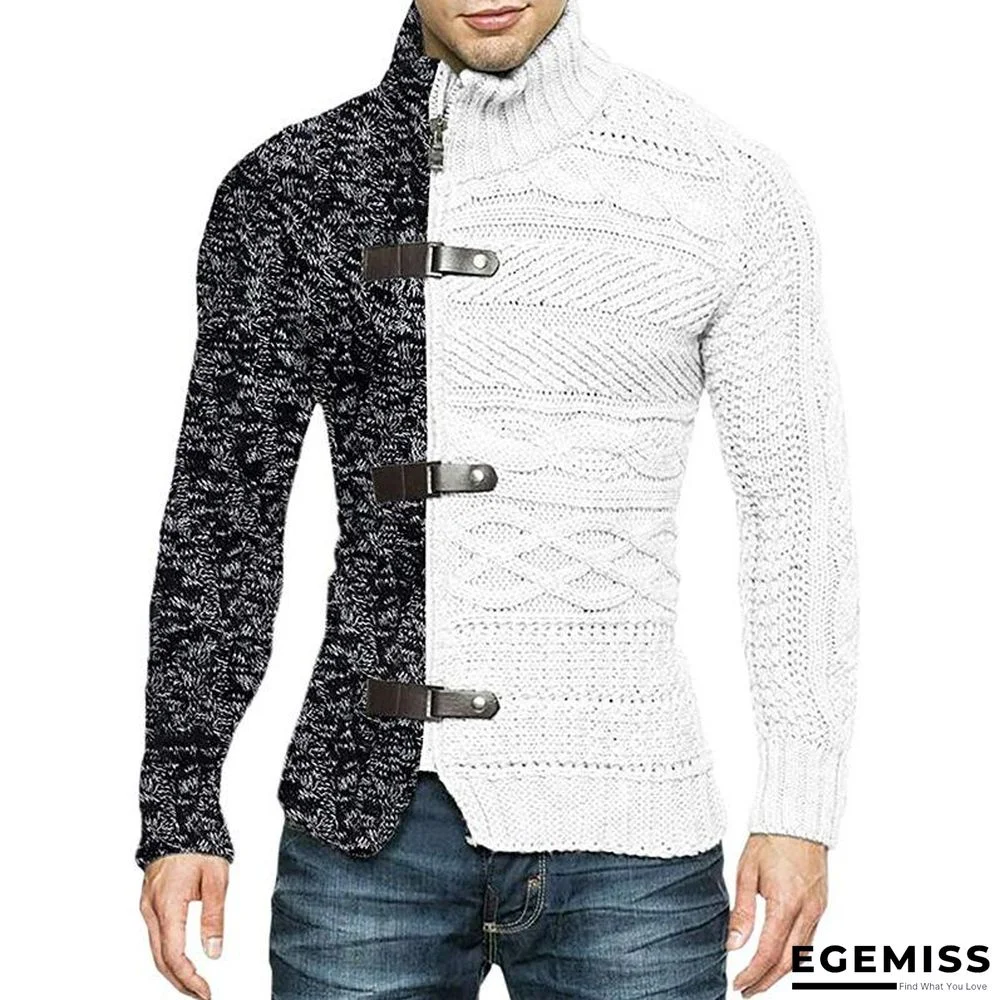 High Neck Sweater Men's Color Matching Leather Buckle Long Sleeve Knitted Cardigan | EGEMISS