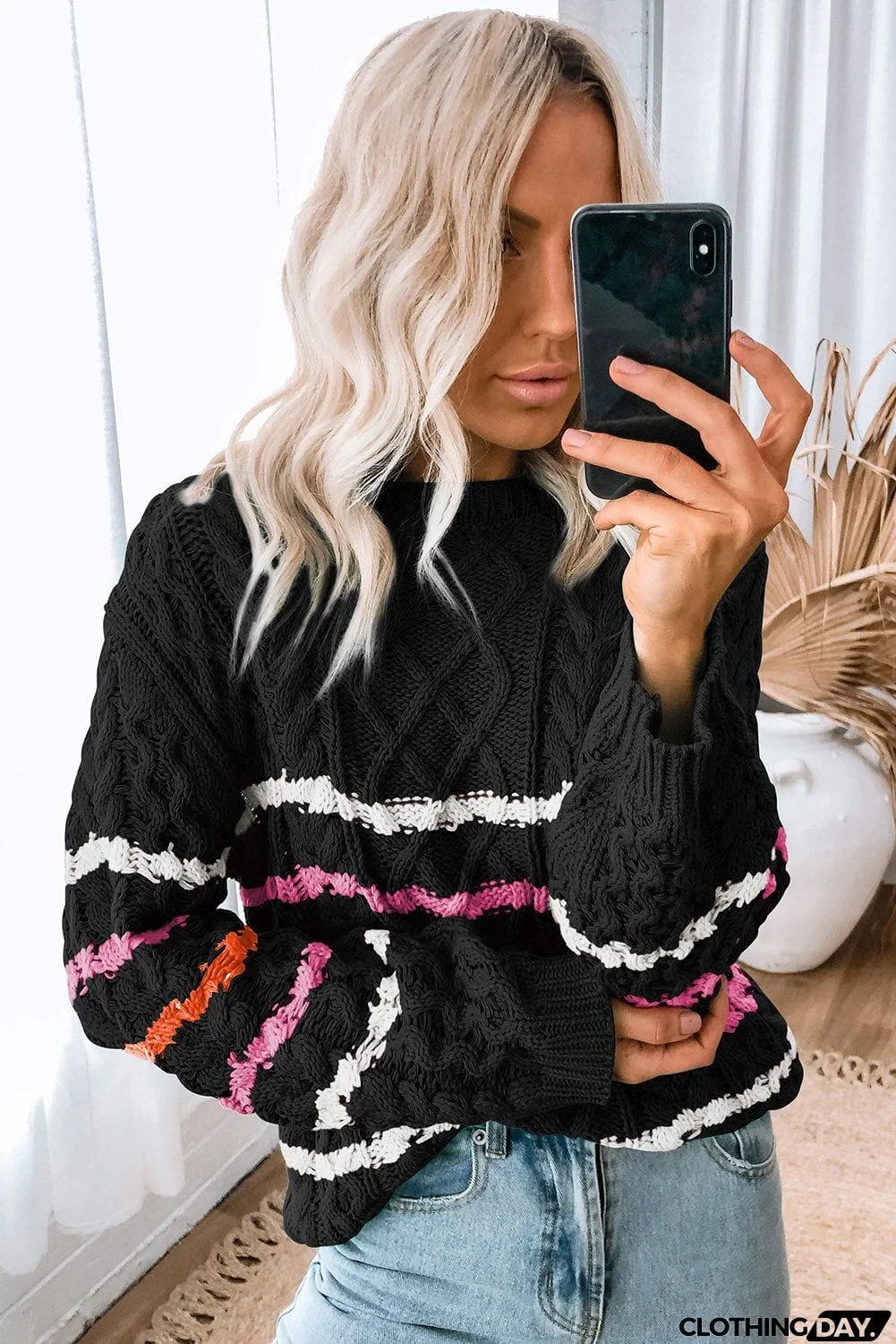 Striped Color Block Textured Knit Pullover Sweater