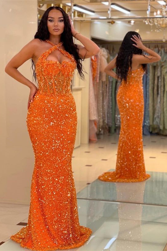Bellasprom Orange Halter Sleeveless Sequins Prom Dress Long Mermaid On Sale Bellasprom