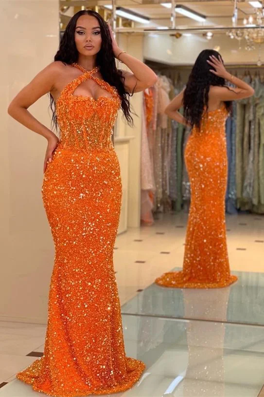Luluslly Orange Halter Sleeveless Sequins Prom Dress Long Mermaid On Sale