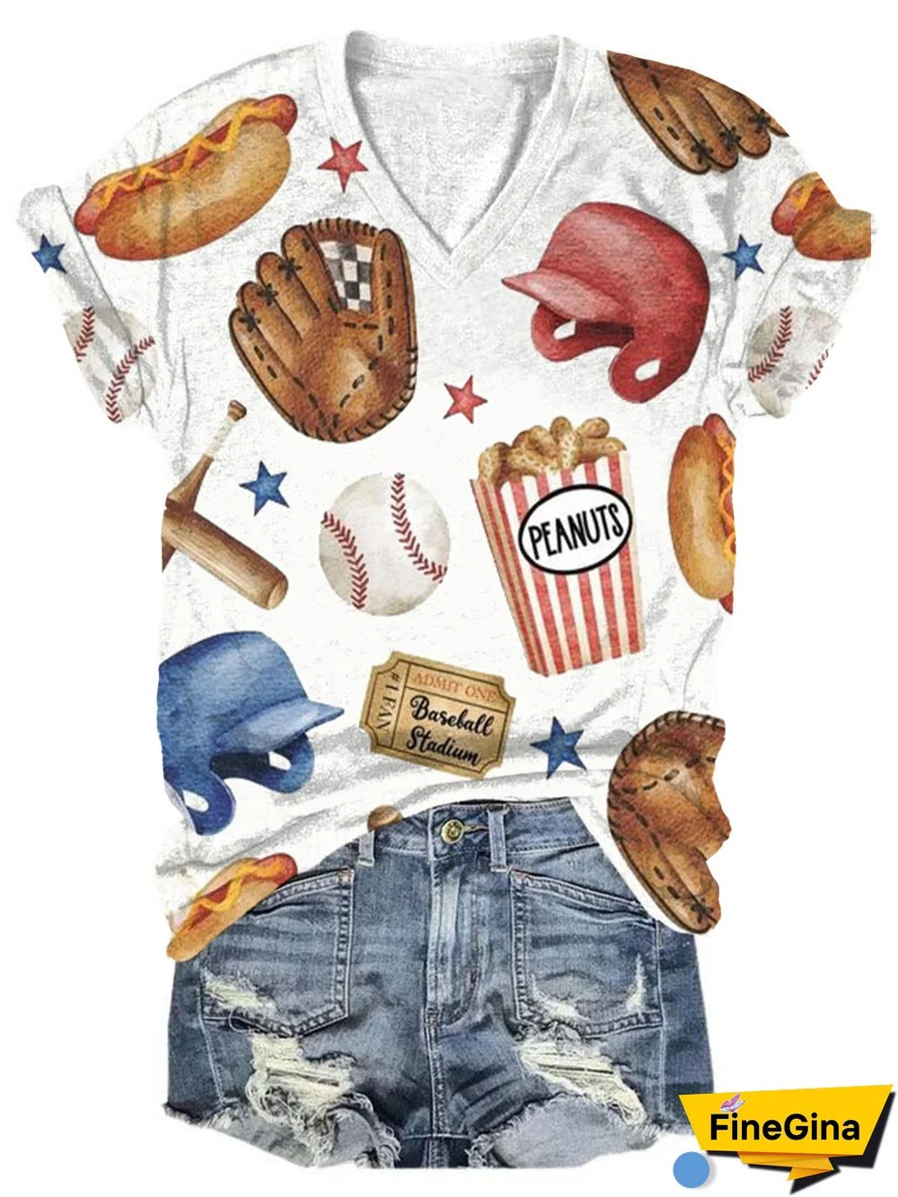 Baseball Print V Neck T-shirt