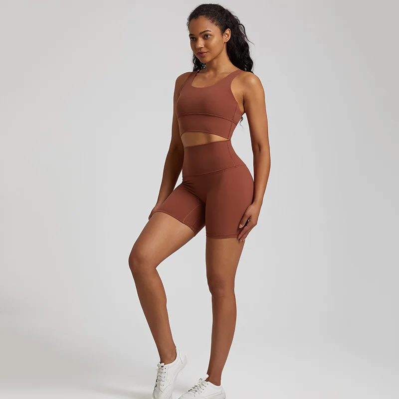 High elasticity back cross over sports bra&shorts 2-piece set