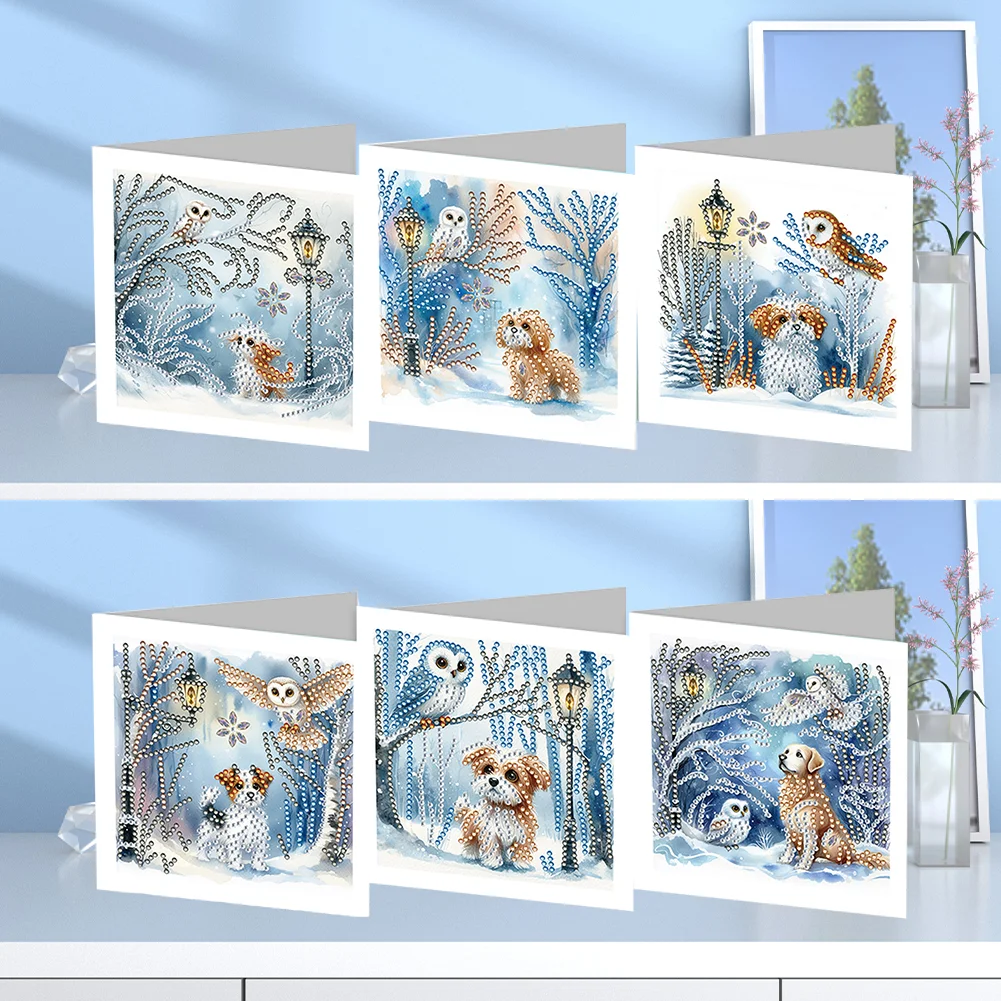 6Pcs Snow Puppy DIY Diamond Painting Greeting Card 5D Drill Painting Card Kit【With White Envelope】