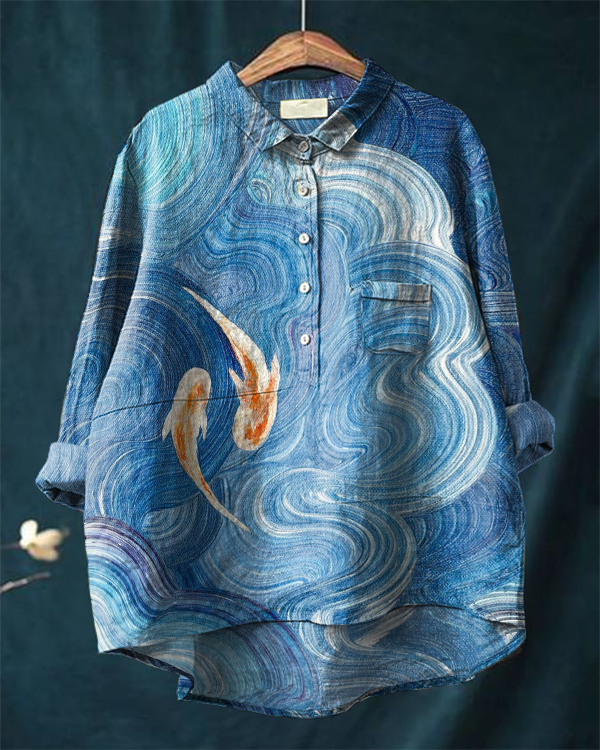 Vintage Art Fish Print Casual Cotton and Linen Shirt