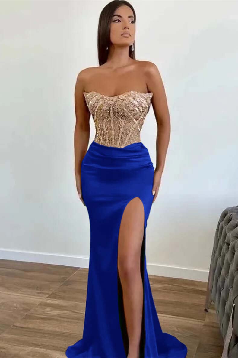  Dark Green Beaded Mermaid Prom Dress Strapless Slit Sequins Gown ED0125