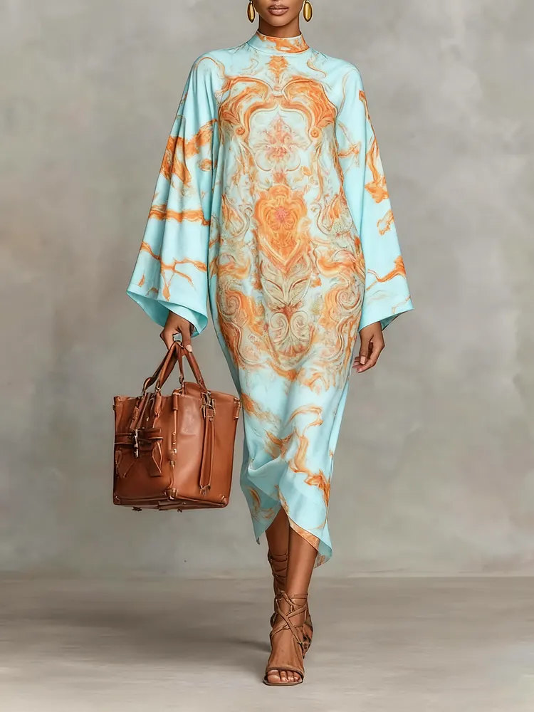 Women's Paisley Print Crew Neck Flared Long Sleeve Loose Medium Dress