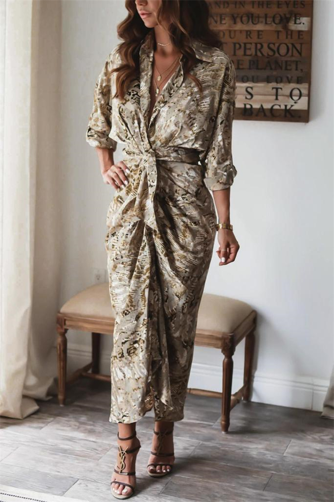 Distinctive Print 3/4 Sleeve Maxi Dress With Belt-vocosishoes