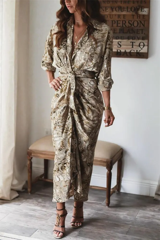 Distinctive Print 3/4 Sleeve Maxi Dress With Belt-vocosishoes