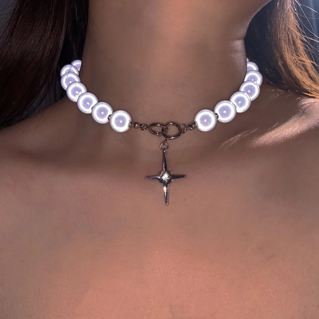 Korea Luminous Beads Pearl Cross Sweet Necklace BE356