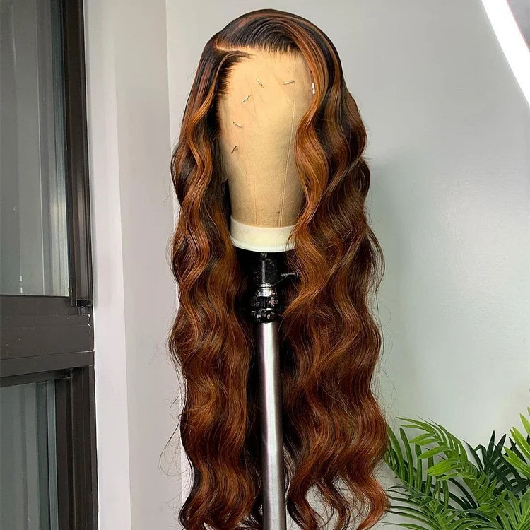 Dark Roots Brown Highlights Loose Deep Wave Lace Front Wig