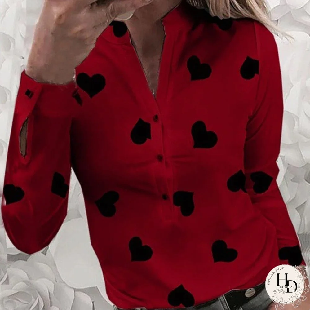 Women's Flower Heart Print Blouse Fashion Spring Summer Casual Long Sleeve V Neck Shirt Ladies Elegant Buttons Dating Tops