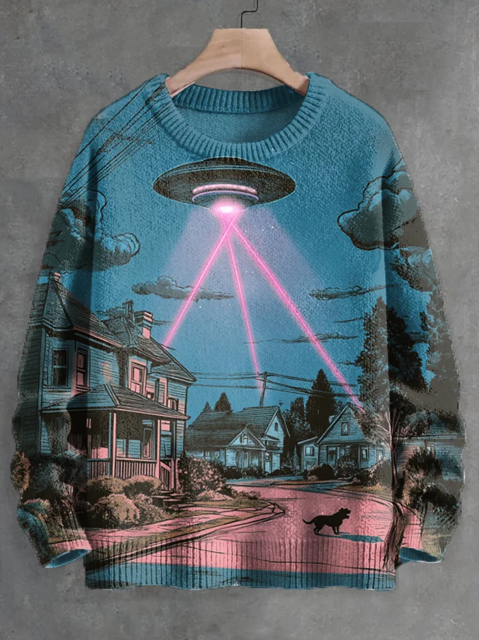 Men's Midnight UFO Sci-Fi Art Print Knit Sweatshirt