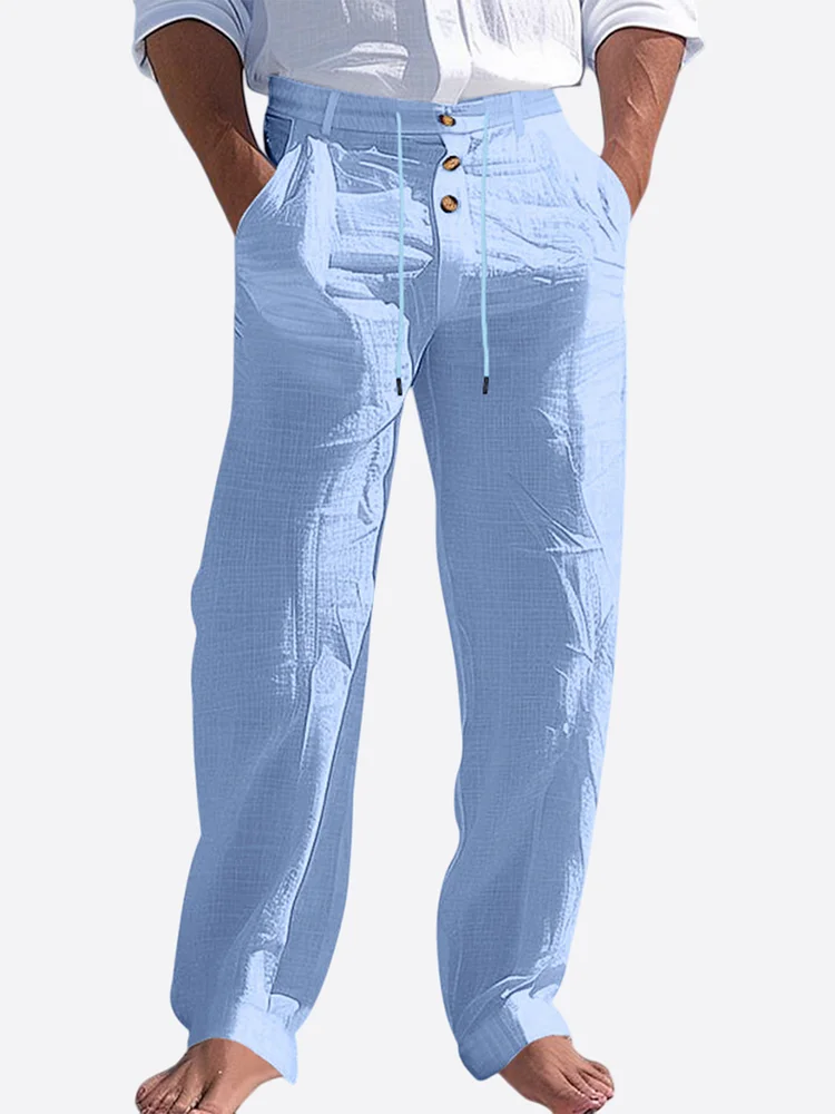 Men's 100% Cotton Buttoned Drawstring Beach Straight Solid Color Comfortable Breathable Trousers