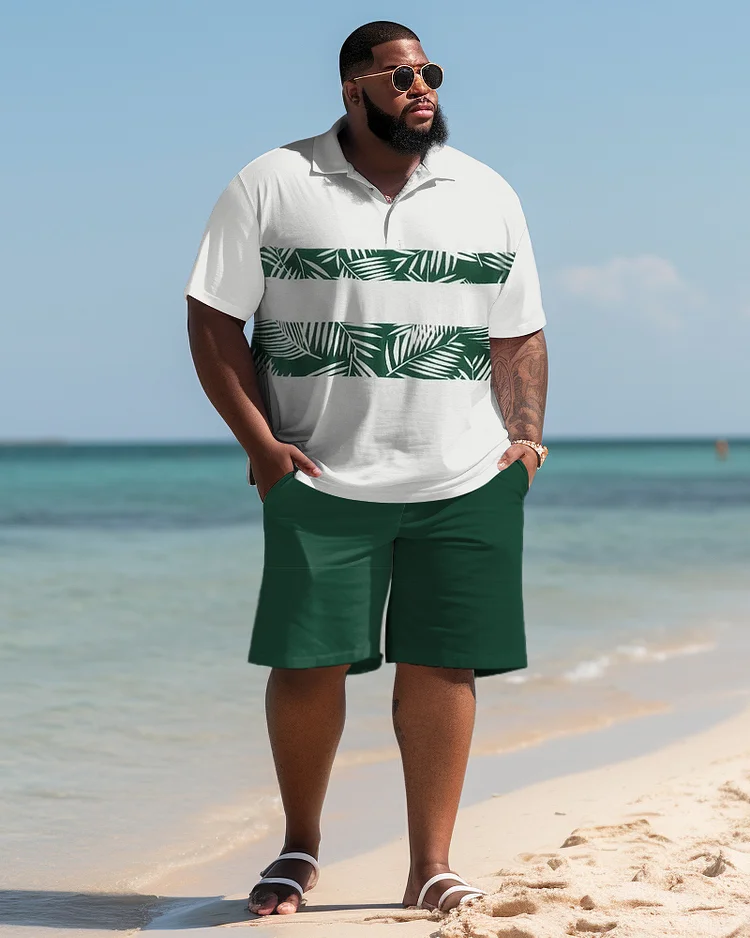 Hawaiian Leaf Print Shorts Men's Plus Size Set