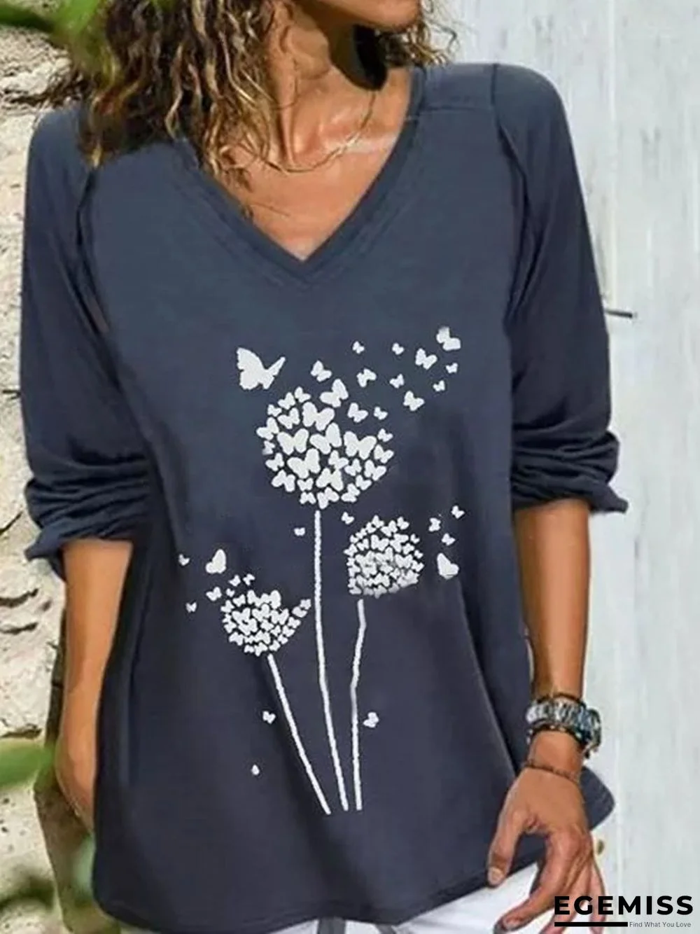 Vintage Long Sleeve Dandelion Printed V Neck Plus Size Casual Tops | EGEMISS