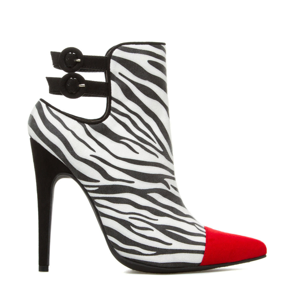 Black & White Zebra Print Red Cap Pointed Toe Stiletto Heeled Booties Nicepairs