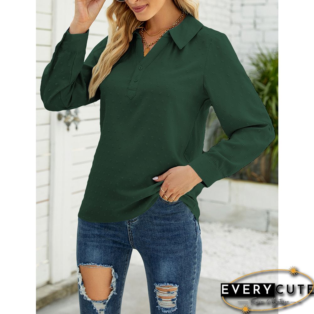 Green Swiss Dot V Neck Jacquard Long Sleeve Tops