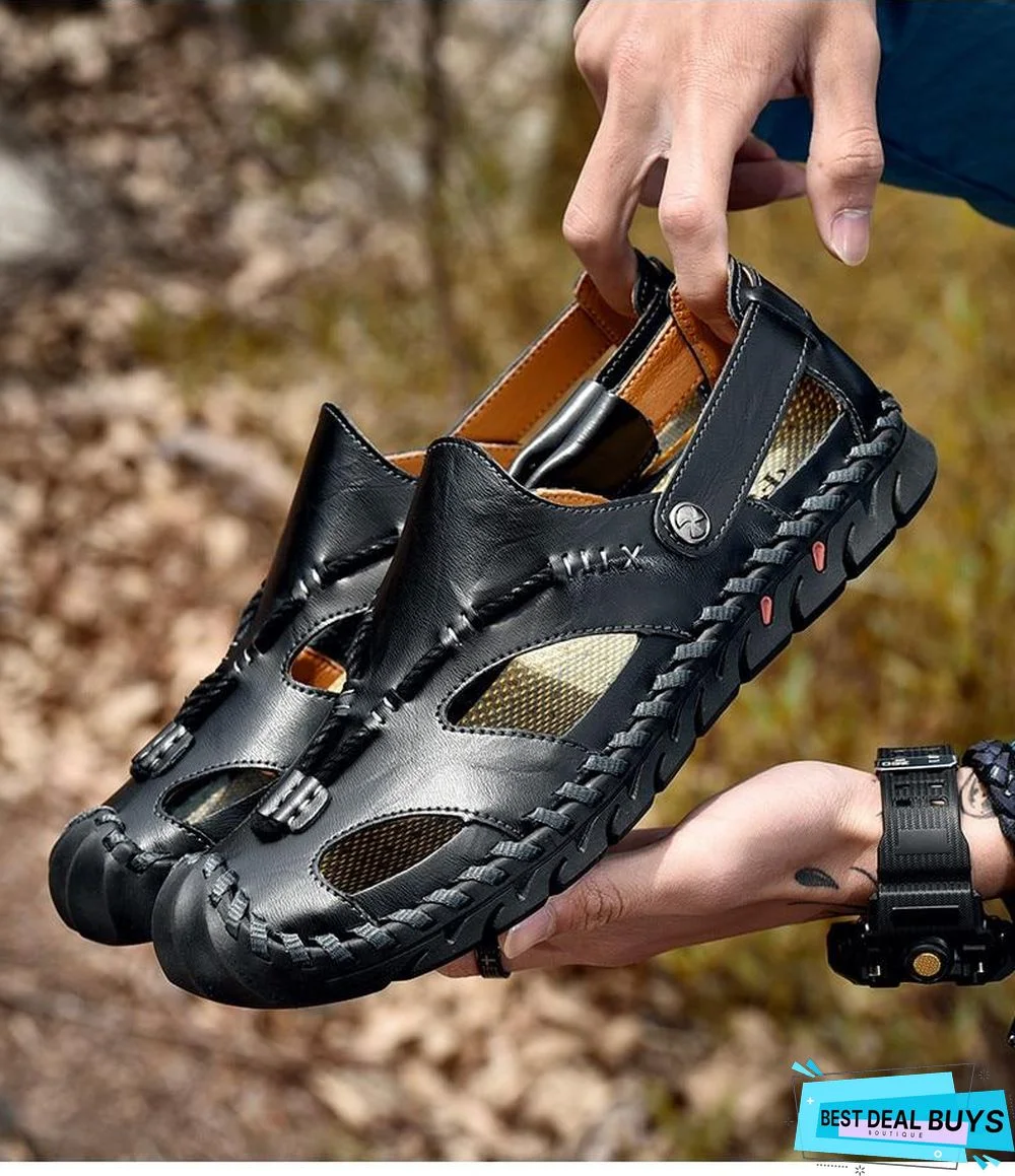 Men's Rome Genuine Leather Sandals Slip On Breathable Beach Sandal Shoes