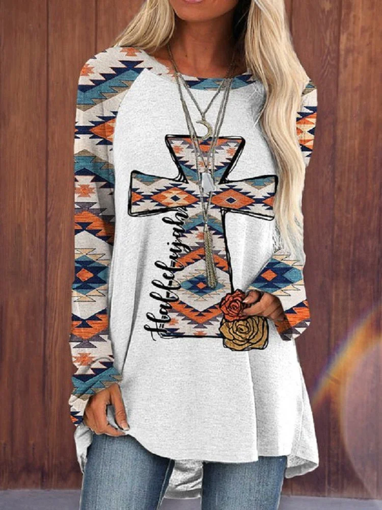 Women's Gray Long Sleeve Scoop Neck Printed Graphic Top