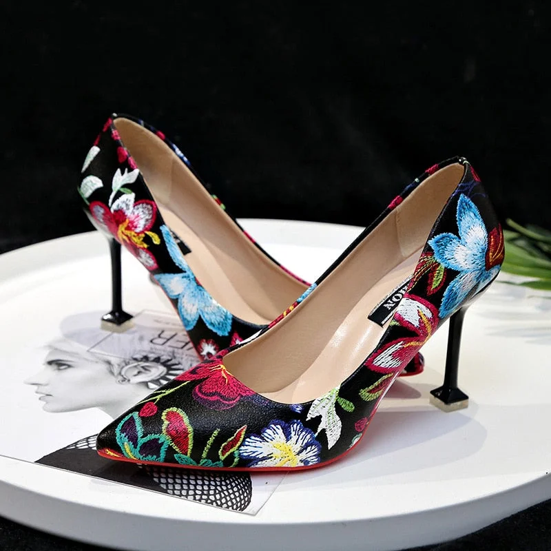 2022 Spring's New Pointy Shallow Shoes Sweet And Beautiful Flowers Hit Color Stiletto Heels Fashion High Heel Shoes