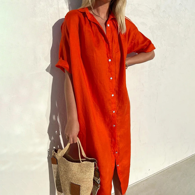 Button Down Comfy Linen Cotton Midi Dress wearshes