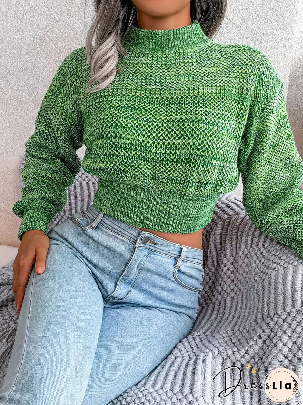 Women Marled Knit Half-collar Long Sleeve Crop Sweater