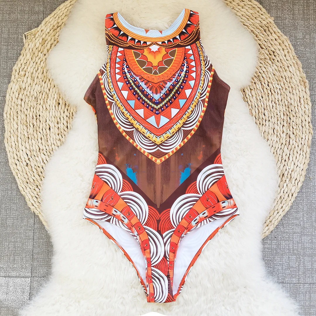 Uveng Swimsuit2025 New Conjoined Bikini Personality Abstract Print Swimsuit Women Sleeveless