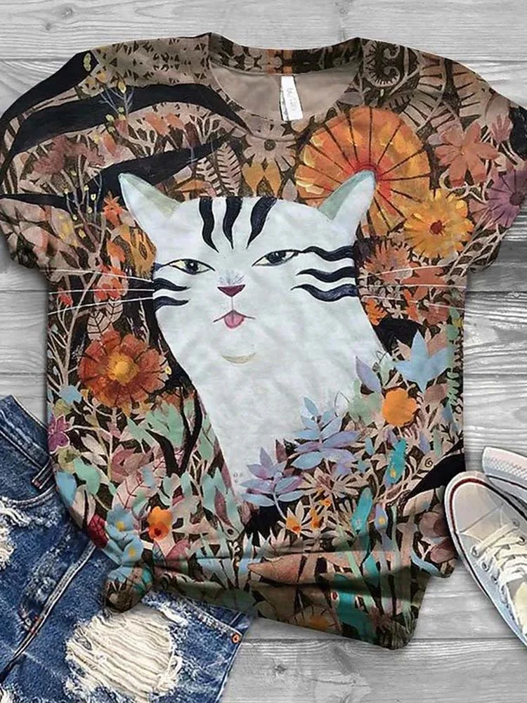 Multicolor Floral Kitty Print Casual T-shirt