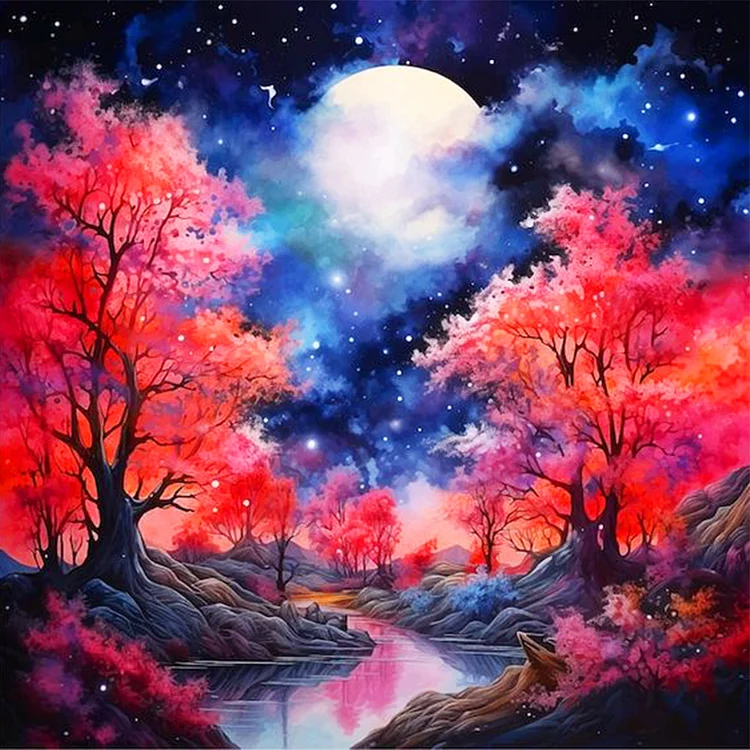 Maple Leaf Forest Night View 40*40CM (Canvas) Full Round Drill Diamond Painting gbfke