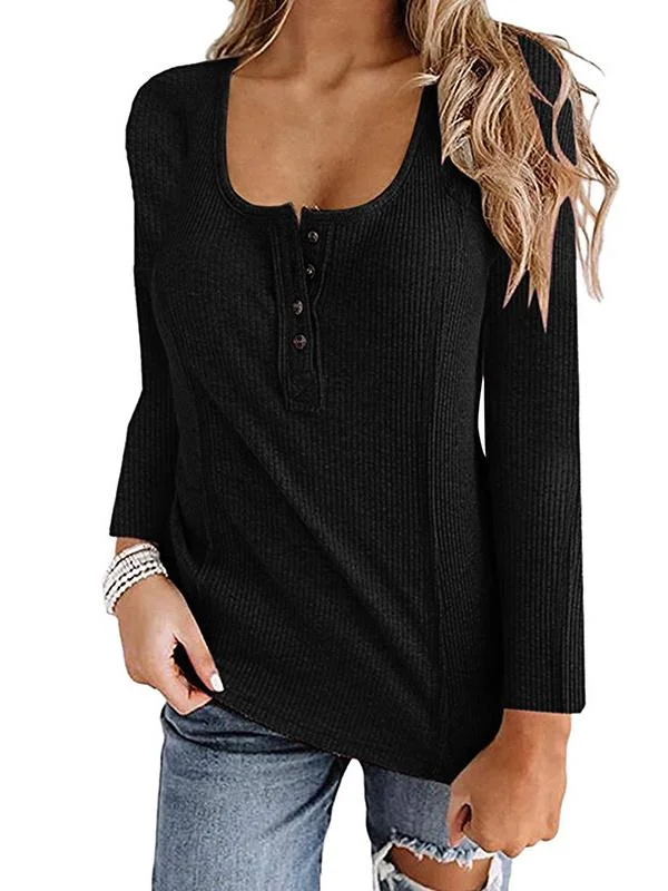 Women Long Sleeve U-neck Button Colorblock Top