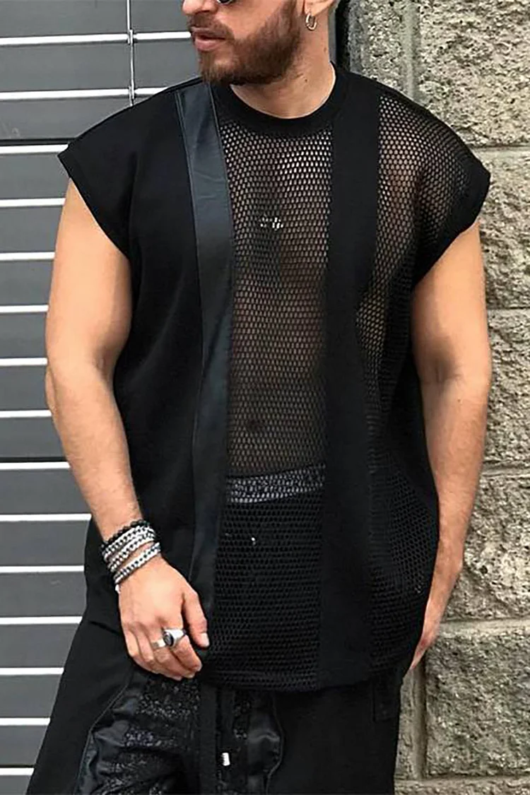 Ciciful Men's Casual Mesh Patchwork See Through Round Neck Sleeveless T-Shirt