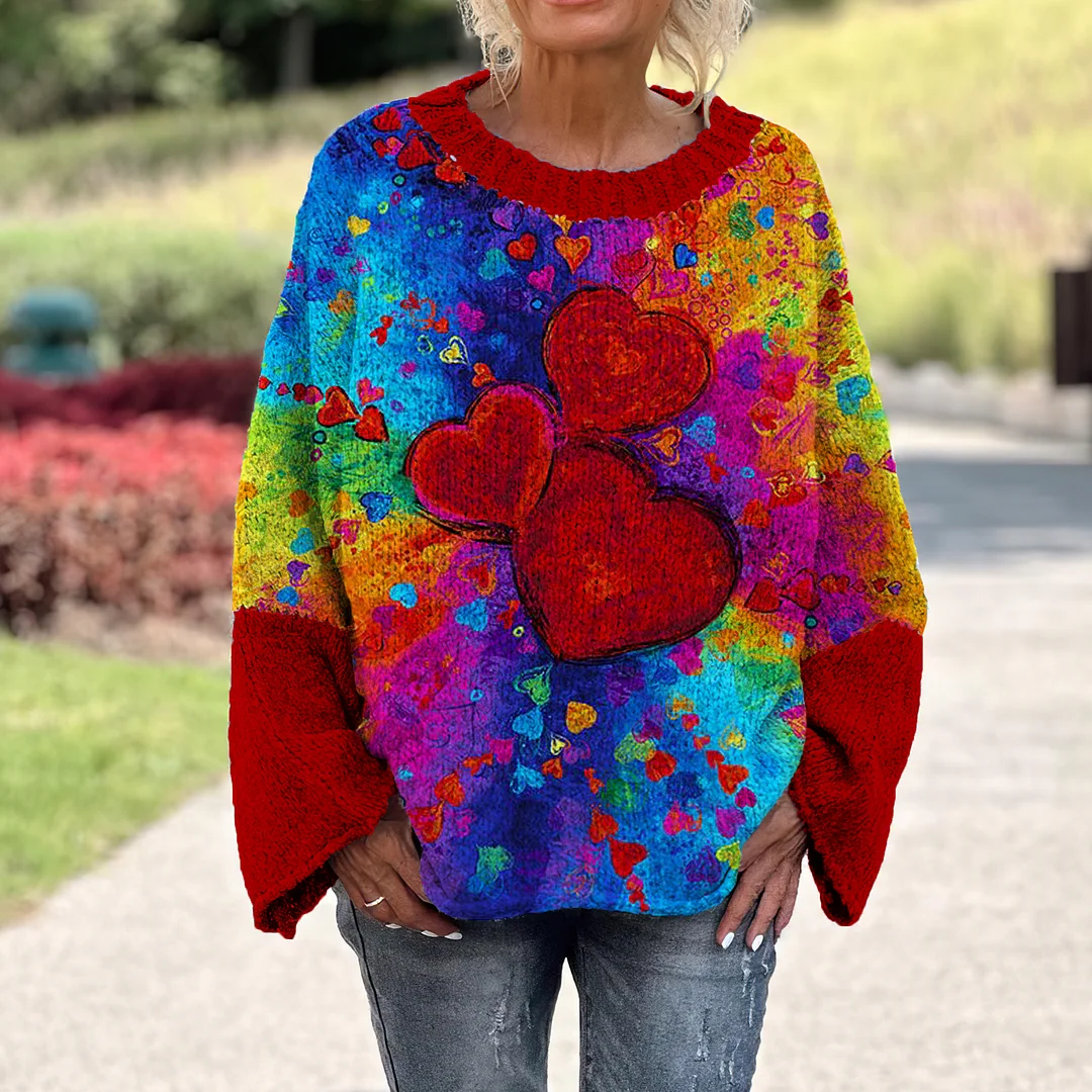 Multicolor Heart Printed Women's Loose Sweater
