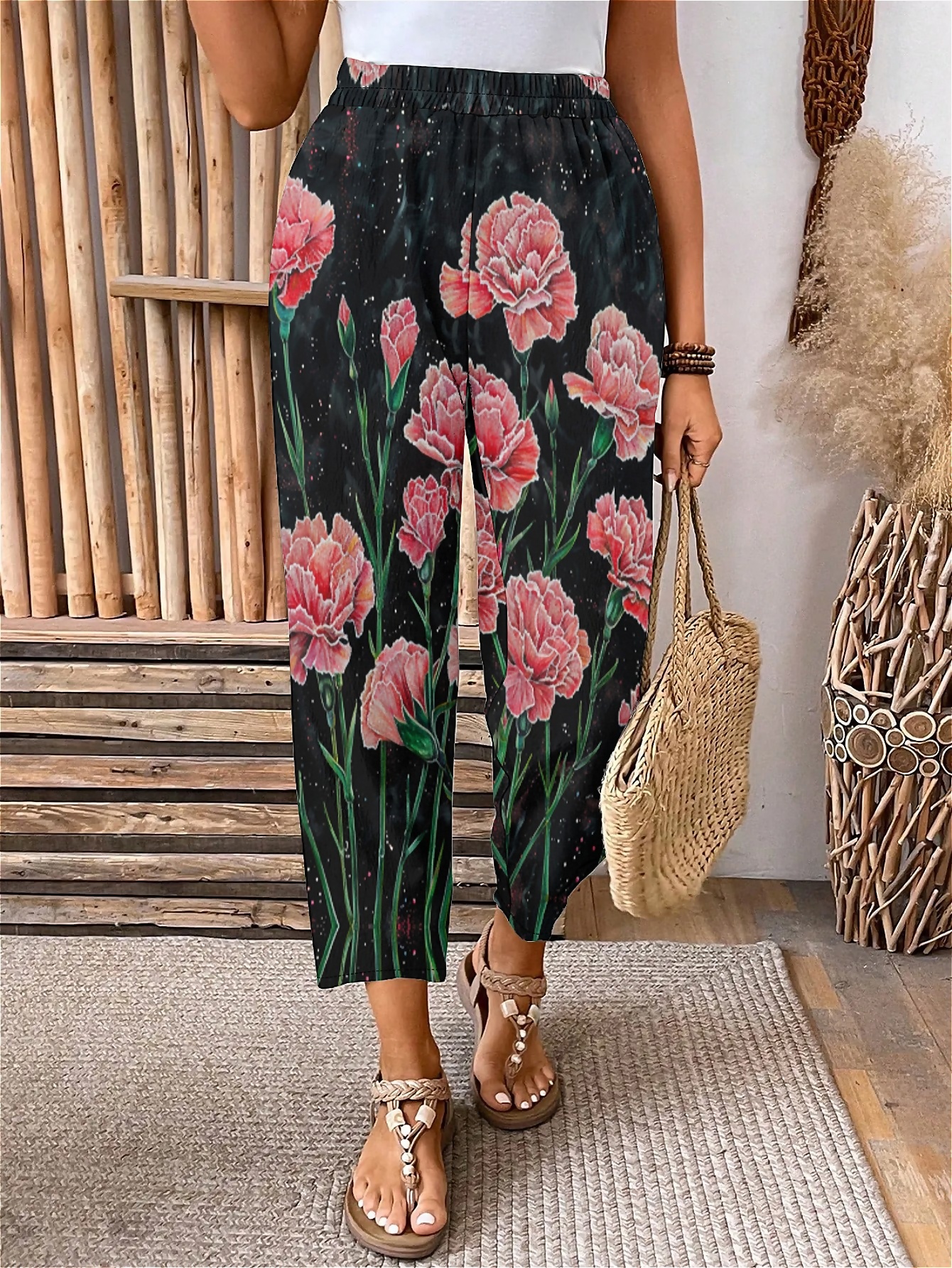 Plus Size Elastic Waist Floral,Carnation Printed Pants