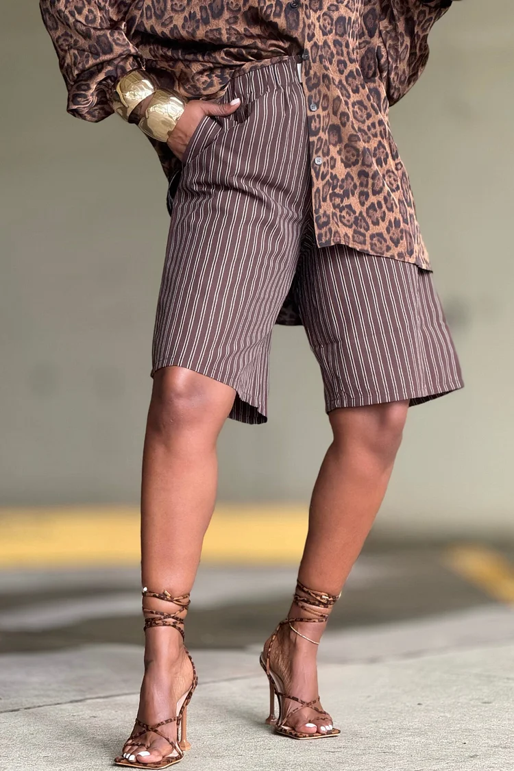 Plus Size Daily Brown Striped Pocket Vintage Shorts [Pre-Order] 2024 - Xpluswear