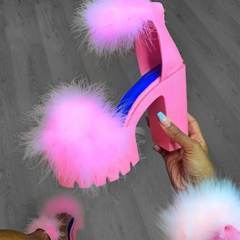 Back to college Women Sandals Fluffy High Heels Summer Fur Shoes 2022 Casual Ankle Buckle Fashion Shoes Non-Slip Outside Sandals Big Size 43