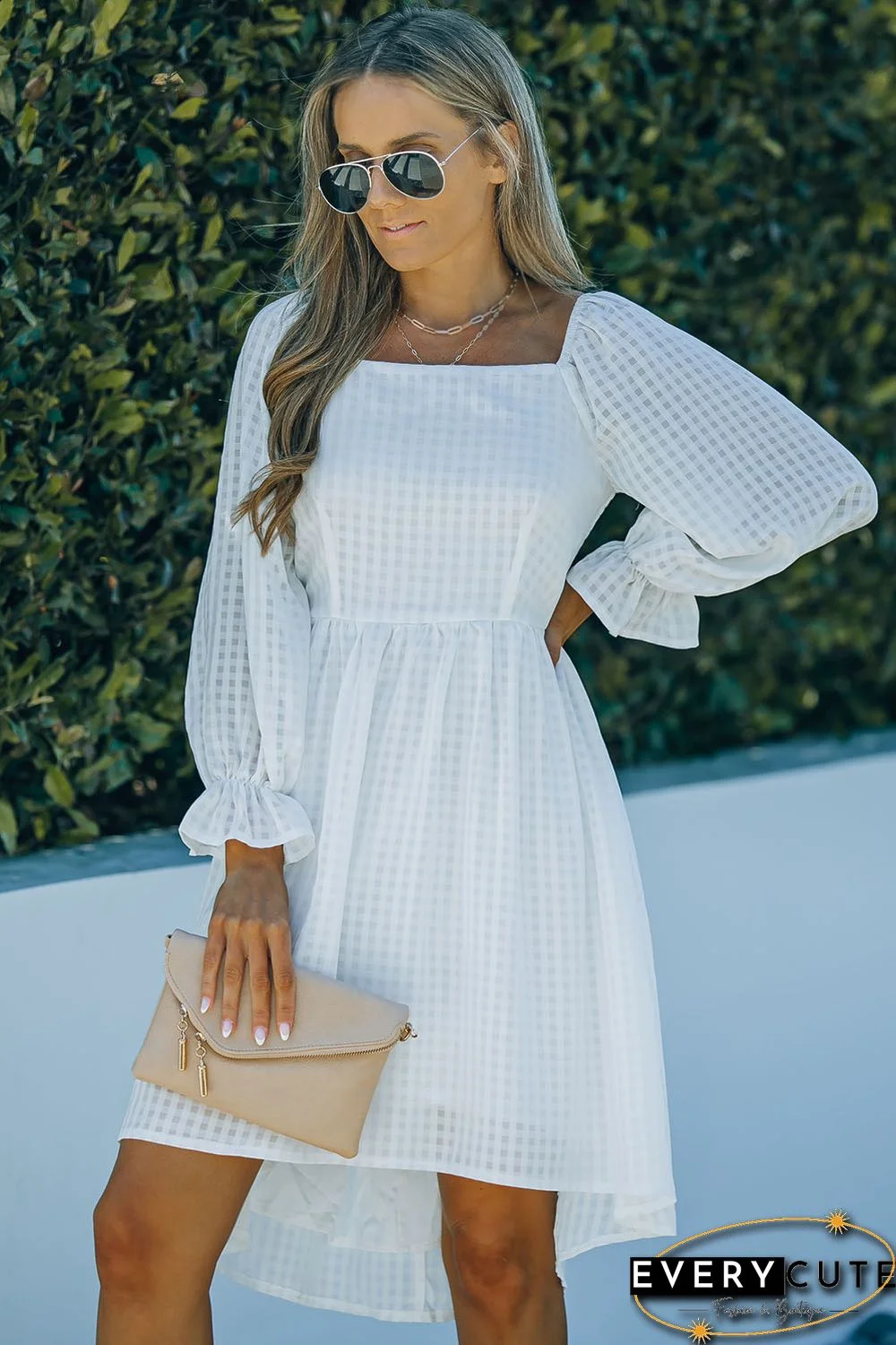 White Square Neck Smocked Back A-line Dress
