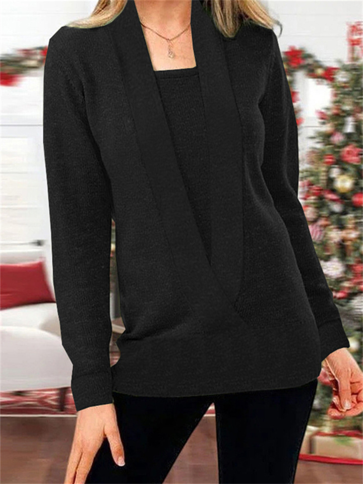 Women's Casual Solid Color V-neck Long-sleeved Knitted Sweater
