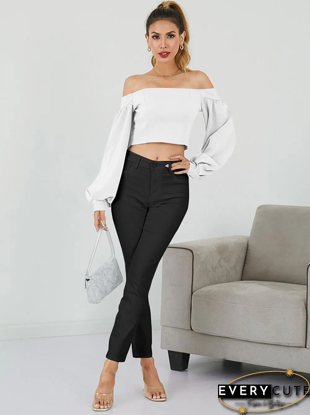 Solid Lantern Long Sleeve Off The Shoulder Crop Top