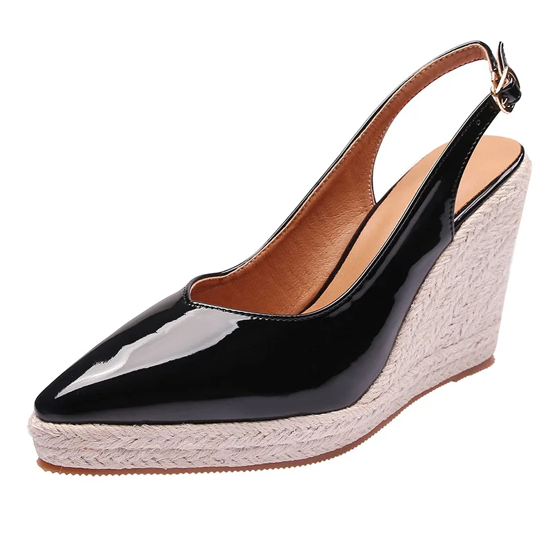 Wongn Wongn Wedge Heel Thick Bottom High Heel Pointed Women's Shoes Back Empty Head Drag Fashion Patent Leather Large Size