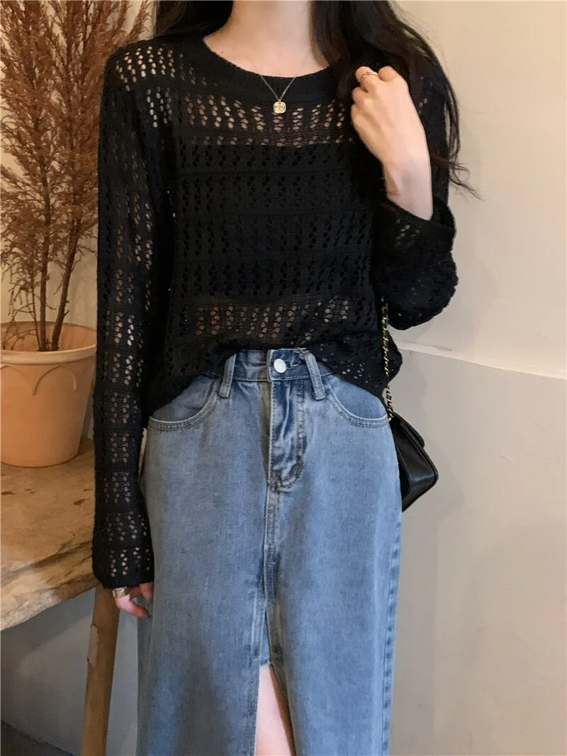 Ladies Fashion Mesh Hollowed Out See-through Pullover Sweater Tshirts Women Sexy Tops Female Girl Casual Knitted T-shirt Vy12730
