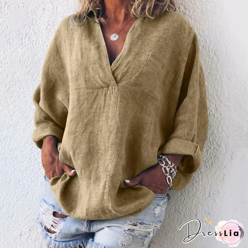 Solid Color V-neck Long-sleeved Wild Casual Shirt