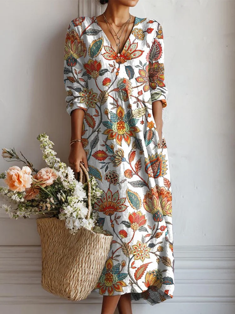 Women's Vintage Floral Art Print Casual Cotton Linen Pocket Dress