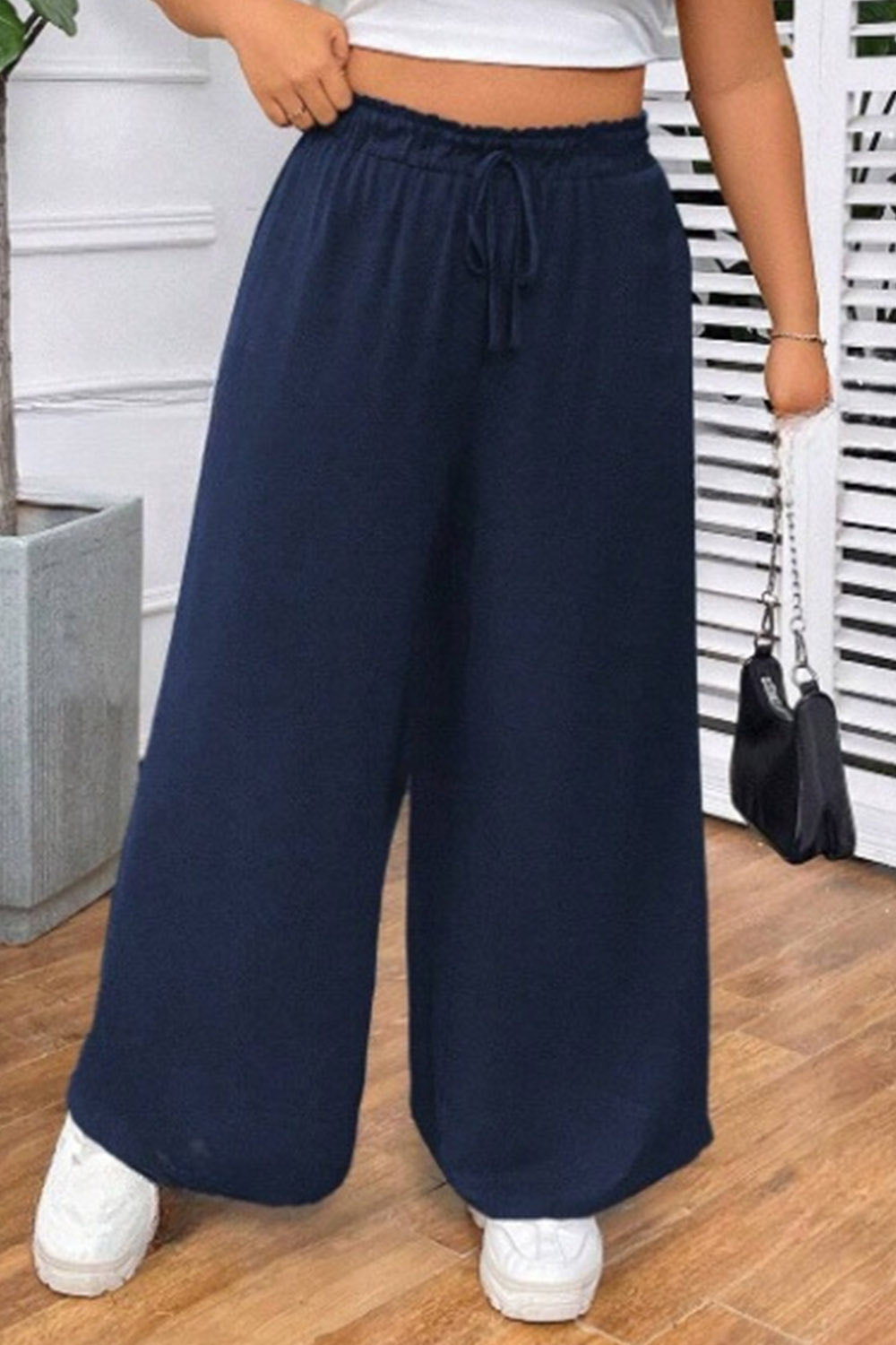 Plus Size Everyday Khaki High Rise Ruffle Lace Up Wide Leg Pants 2024 - Flycurvy 