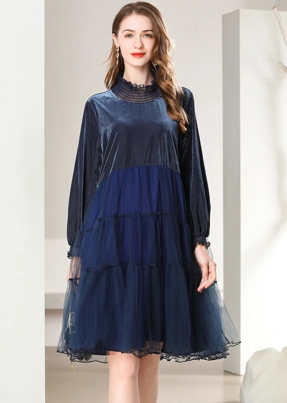 French Navy Ruffled Patchwork Tulle Silk Velour Mid Dress Spring