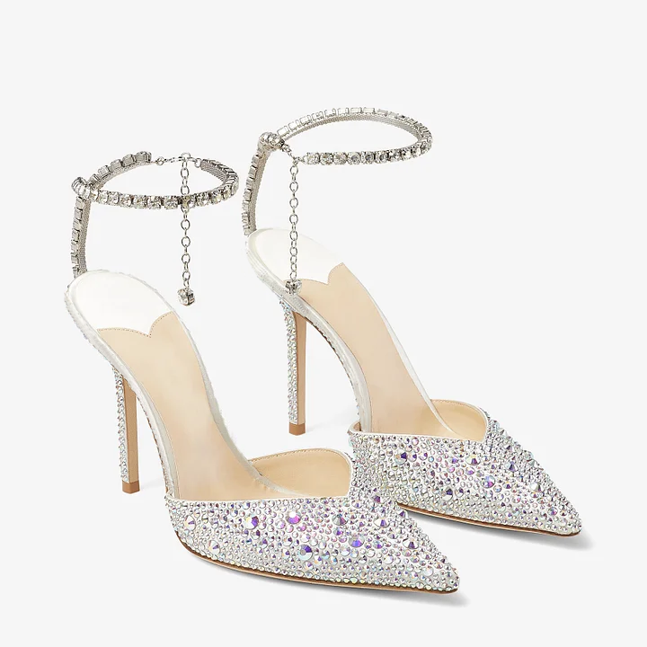 100mm Rhinestone Crystal Embellishment Ankle Chain Bracelet Pointed Toe Satin Pumps