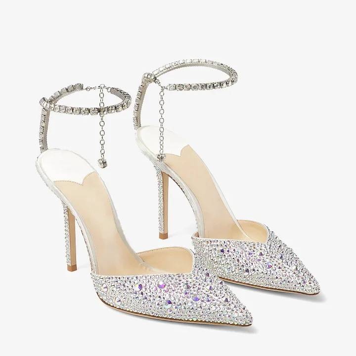 100mm Rhinestone Crystal Embellishment Ankle Chain Bracelet Pointed Toe Satin Pumps