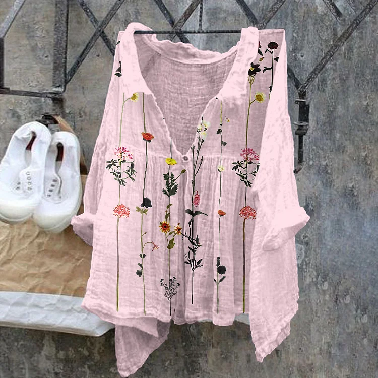 VChics Floral Pattern Ladies Casual Floral Print Cotton Linen  Shirt