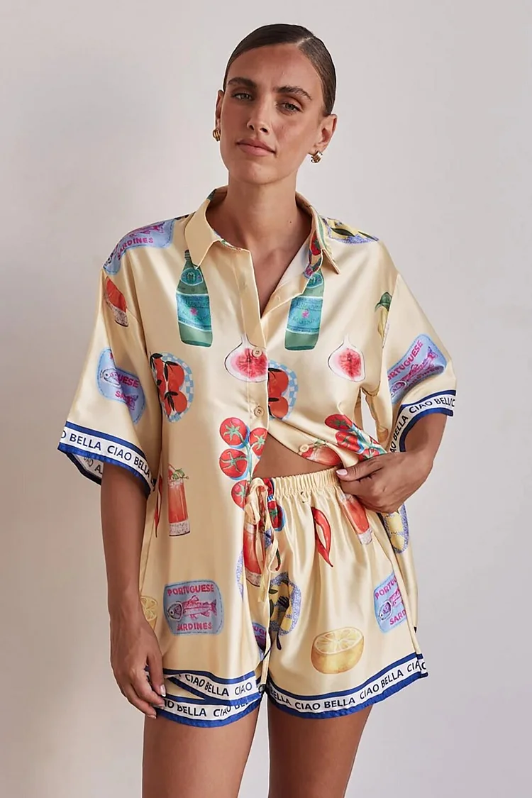 Foods Print Half Sleeve Button Up Blouse Contrast Trim Shorts 2pcs Set-Yellow