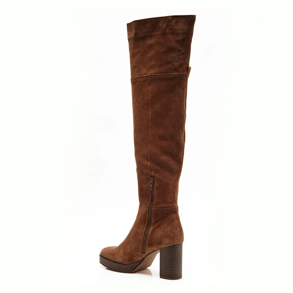 Brown Square Toe Chunky Heel Platform Over the Knee Boots with Zipper