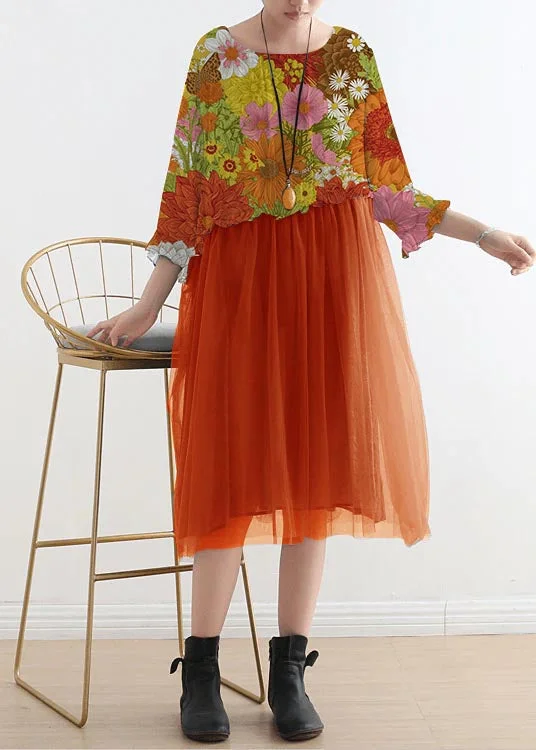 2021 orange flower Tull Maxi dresses patchwork chiffon Summer Dresses